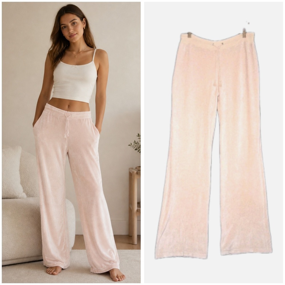 ESCADA Womens Velvet Lounge Sweatpants Size 40 Beige Drawstring Wide Leg Comfy